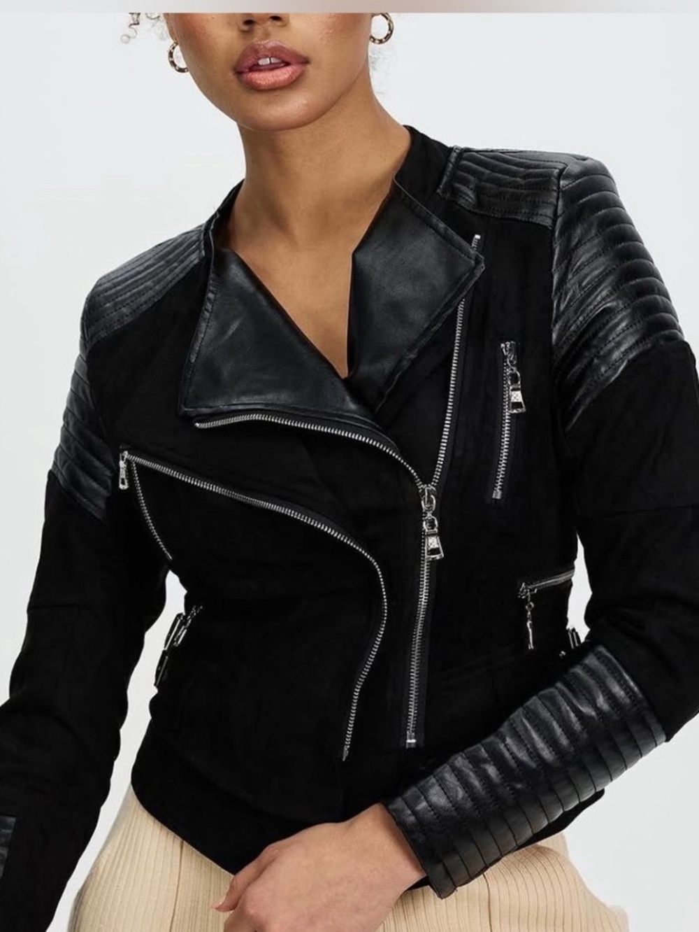 STUNNING IVORY & CHAIN “BESSY” MOTO BIKER Vegan Leather JACKET Punk Baddie
